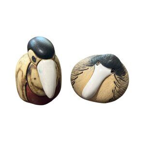 Hand Carved Stone Bird Figurines Signed Folk Art Set Of 2 Collectible